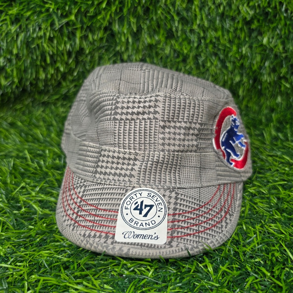 47 Brand Chicago Cubs Hat Womens OSFA Grey Plaid Cadet Military Cap MLB